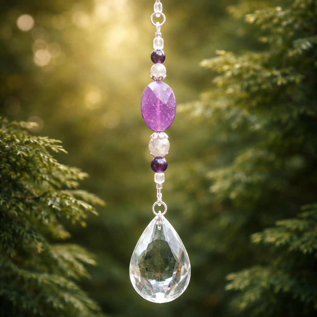 Amethist en fluoriet suncatcher van Tangled8Petals in zonlicht tussen groen