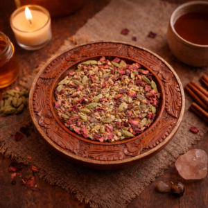 Balance kruidenthee blend met kardemom, gember, rozenblad en specerijen op houten schaal van Tangled8Petals