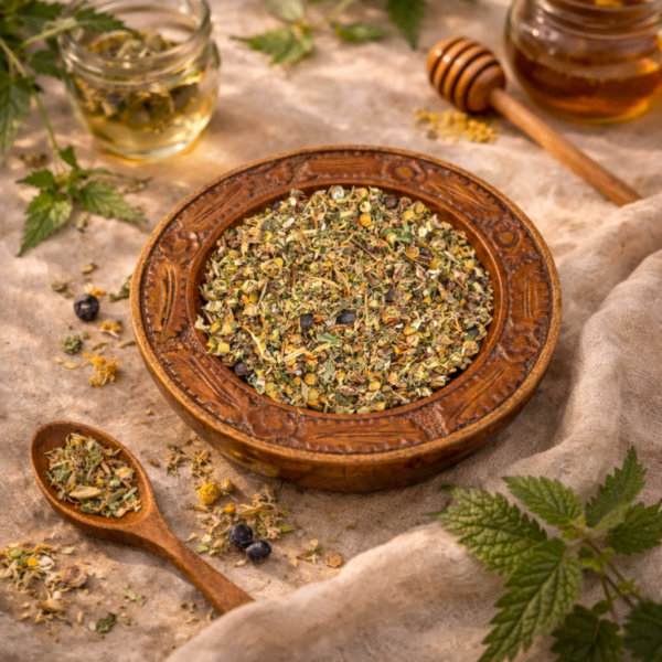 Gedroogde kruidenblend in houten schaal met thee, honing en verse kruiden van Tangled8Petals