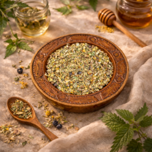 Gedroogde kruidenblend in houten schaal met thee, honing en verse kruiden van Tangled8Petals