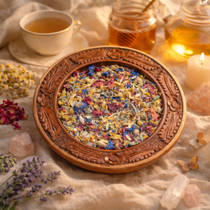 Kruidenblend met bloemen in houten schaal met thee, honing, kaars en kristallen van Tangled8Petals