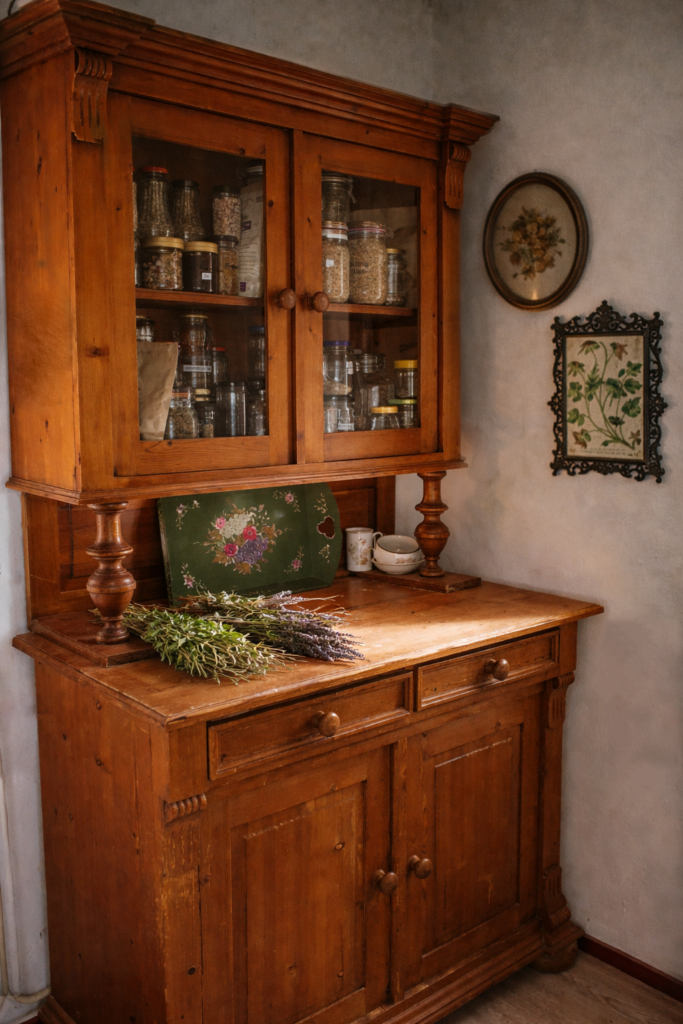 Houten kruidenkast met potten gedroogde kruiden