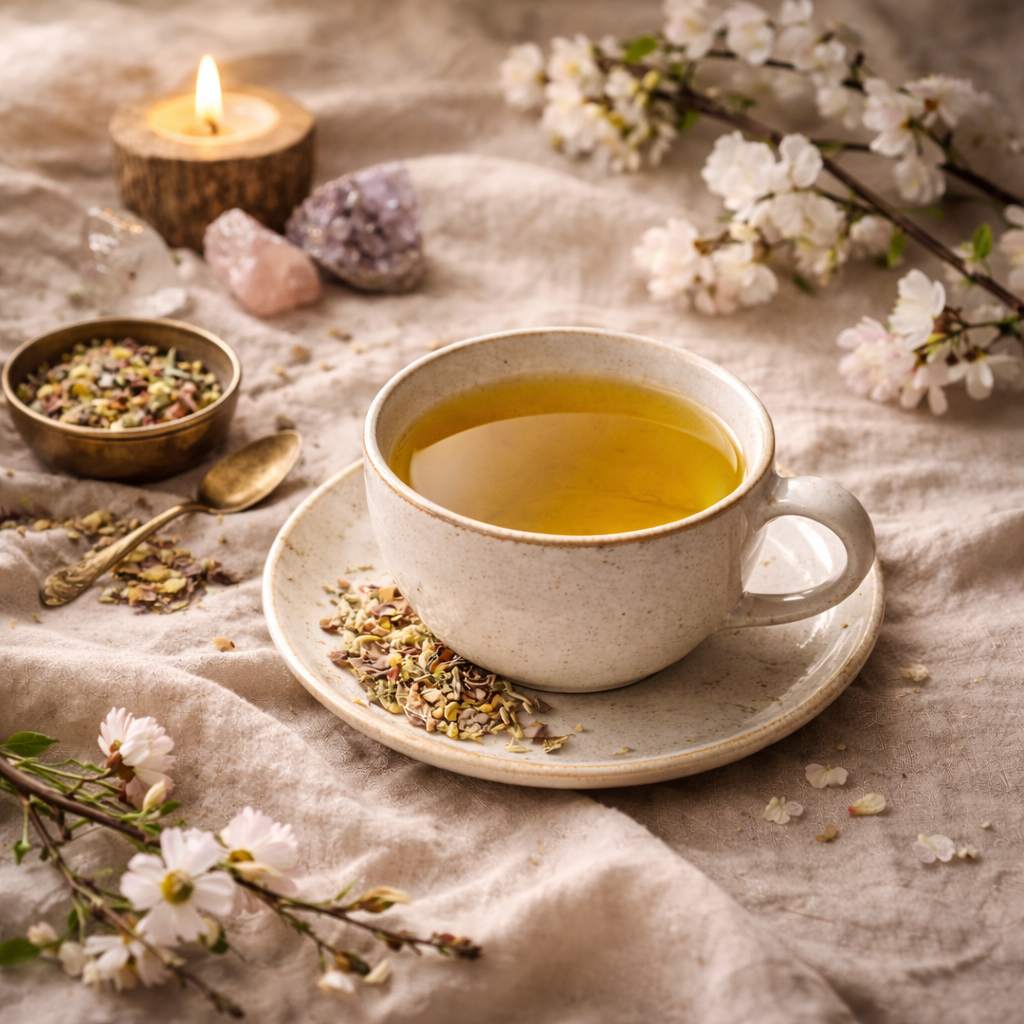 Kop warme kruidenthee in een botanische setting met bloemen, kristallen en kaarslicht