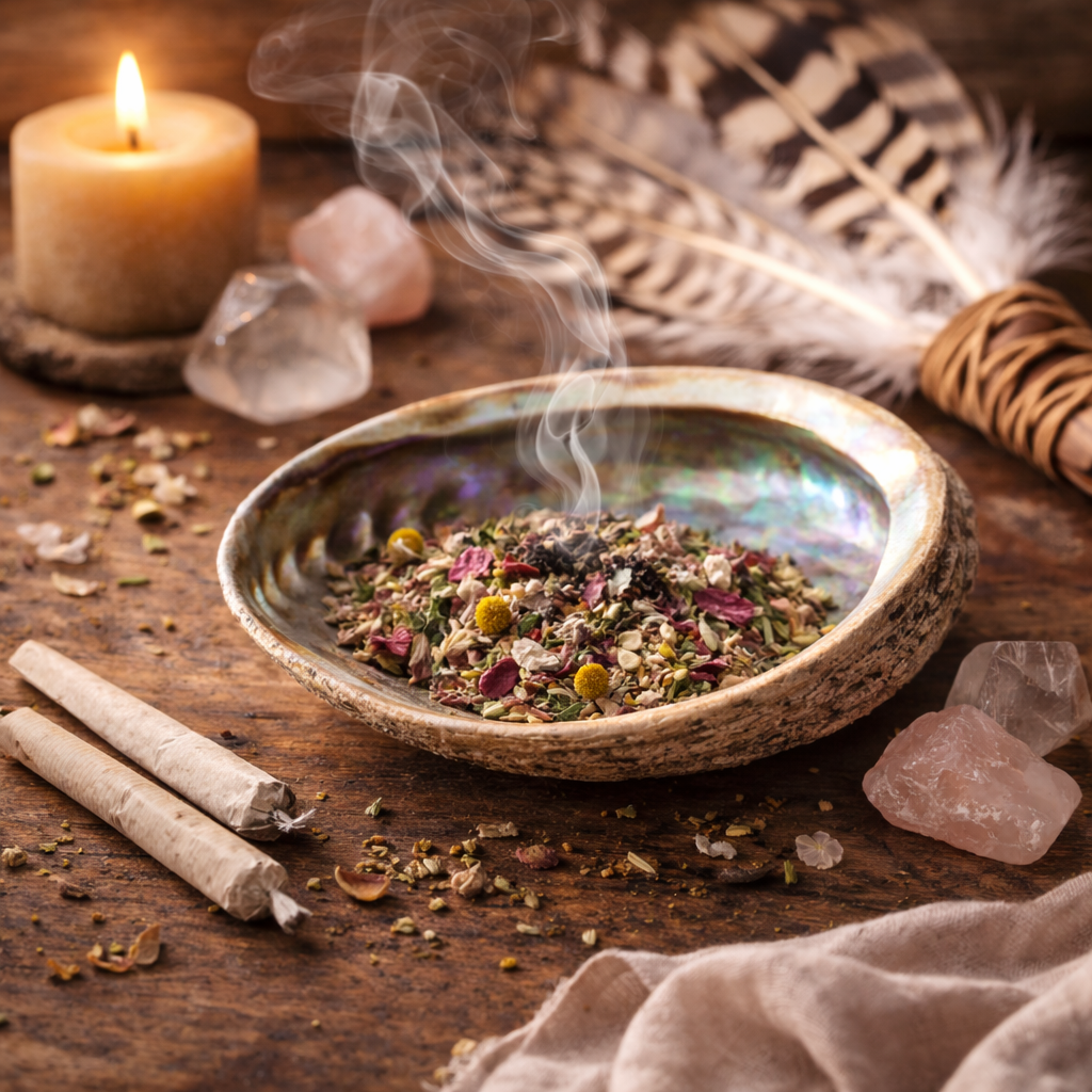 Rookblend kruiden in een abalone schelp met opstijgende rook, kaarslicht en kristallen