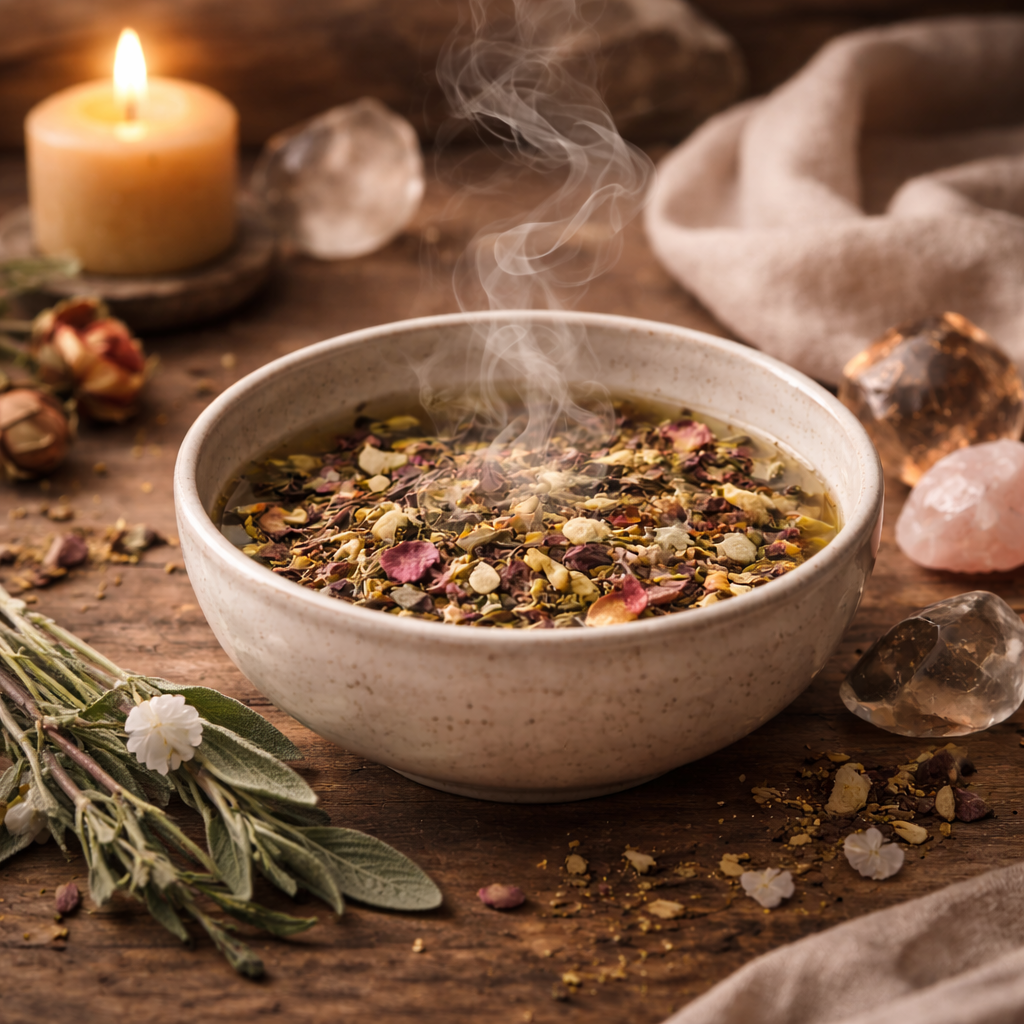Yoni steam kruidenblend in een kom met opstijgende stoom, omringd door kruiden, kristallen en kaarslicht