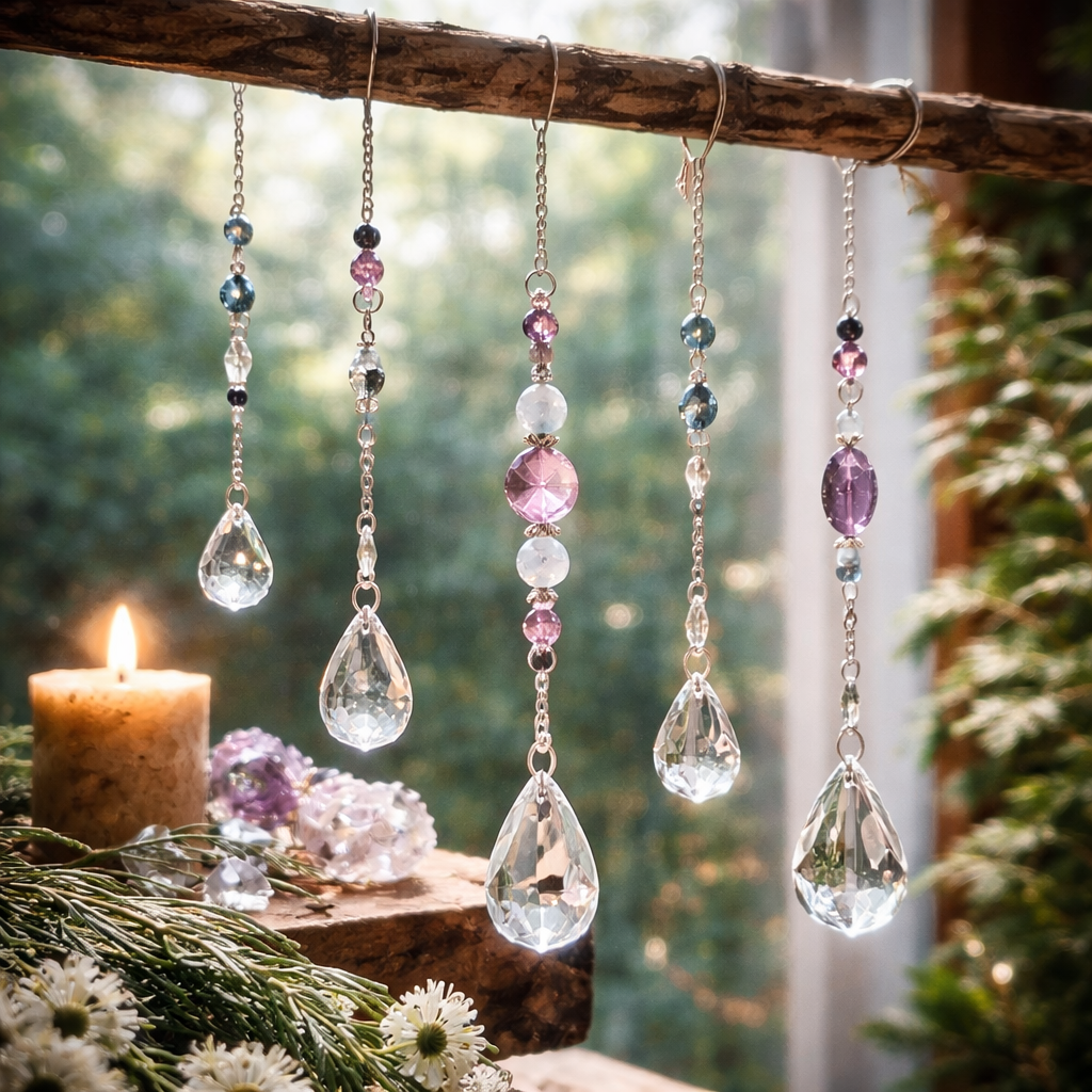 Kristallen zonnevangers hangend voor een raam met lichtreflecties, kralen en warme sfeer